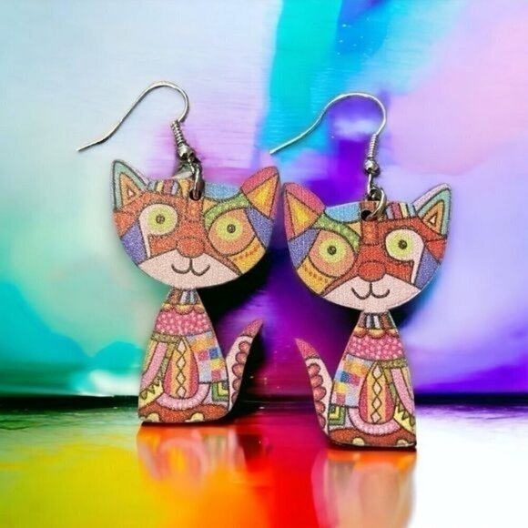Funky Cat Dangle Earrings - Picture 1 of 1